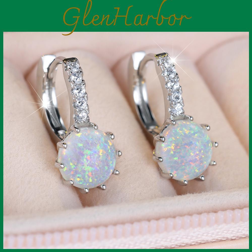 Round Fire Opal Female Elegant Silver Color Hoop Earrings Wedding Jewelry