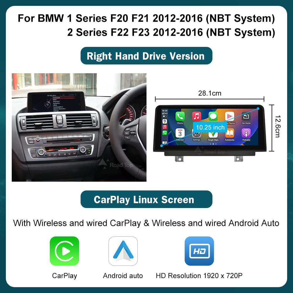 CN RoadTop 12.3 Wireless CarPlay Multimedia Screen For BMW Series 1 2 3 4 F20 F21 F22 F45 F30 F31 F32 F33 F45 NBT EVO 2012-2019