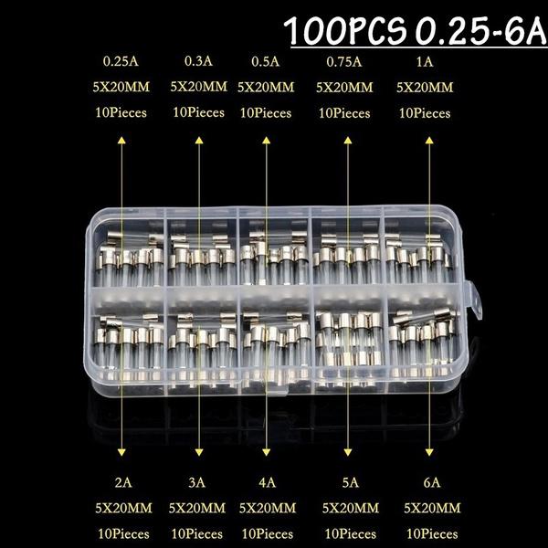 100Pcs Fast-blow Glass Tube Fuses 5*20 Household Fuses Car Glass Tube Fuses Assorted Kit 5X20 with Box Fusiveis 0.1A-30A Fuse Holders1