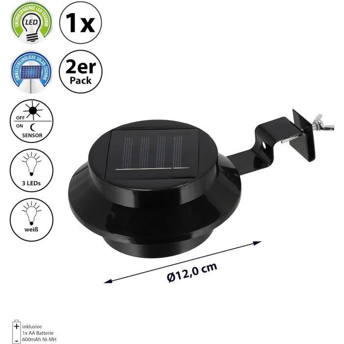 Lot de 2 lampes solaires de gouttière - En plastique et fer - Éclairage de gouttière - Éclairage d'extérieur