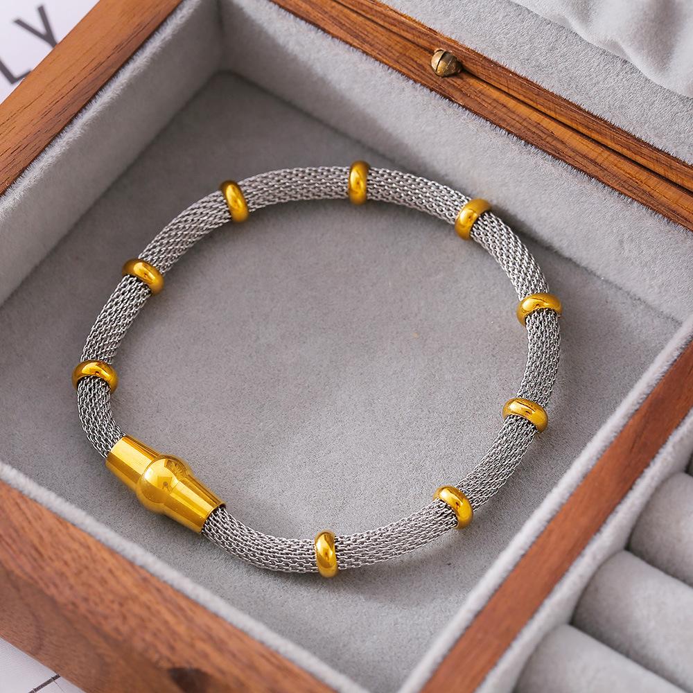 Круглый браслет из бамбуковой металлической сетки, простой ретро-дизайн, титановая сталь, покрытая 18-каратным золотом, ювелирные изделия