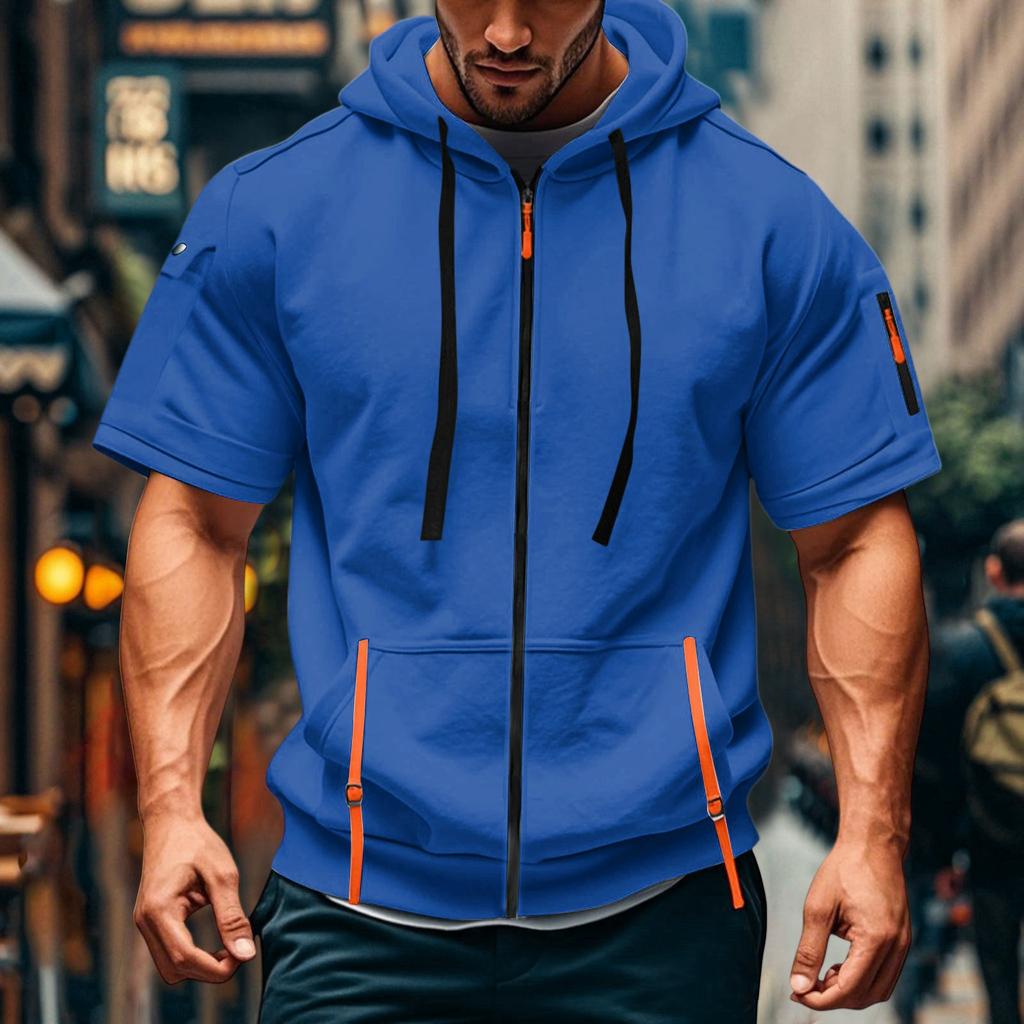 Men's Casual Short-sleeved Sweatshirt. Loose And Breathable Solid-color Sweatshirt Jacket With Multiple Pockets And A Zipper.