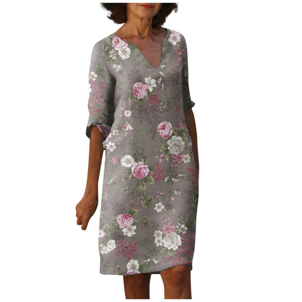 Women's Summer Vintage Floral Print V-Neck Half Sleeve Dress Dresses