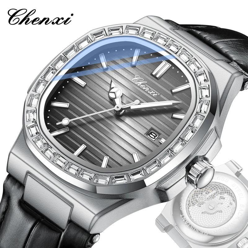 Chenxi Мужские часы Роскошные Водонепроницаемые Светящиеся Кожаные Часы Спорт Кварцевые Часы Прозрачная Задняя Крышка Дата Бизнес Наручные Часы