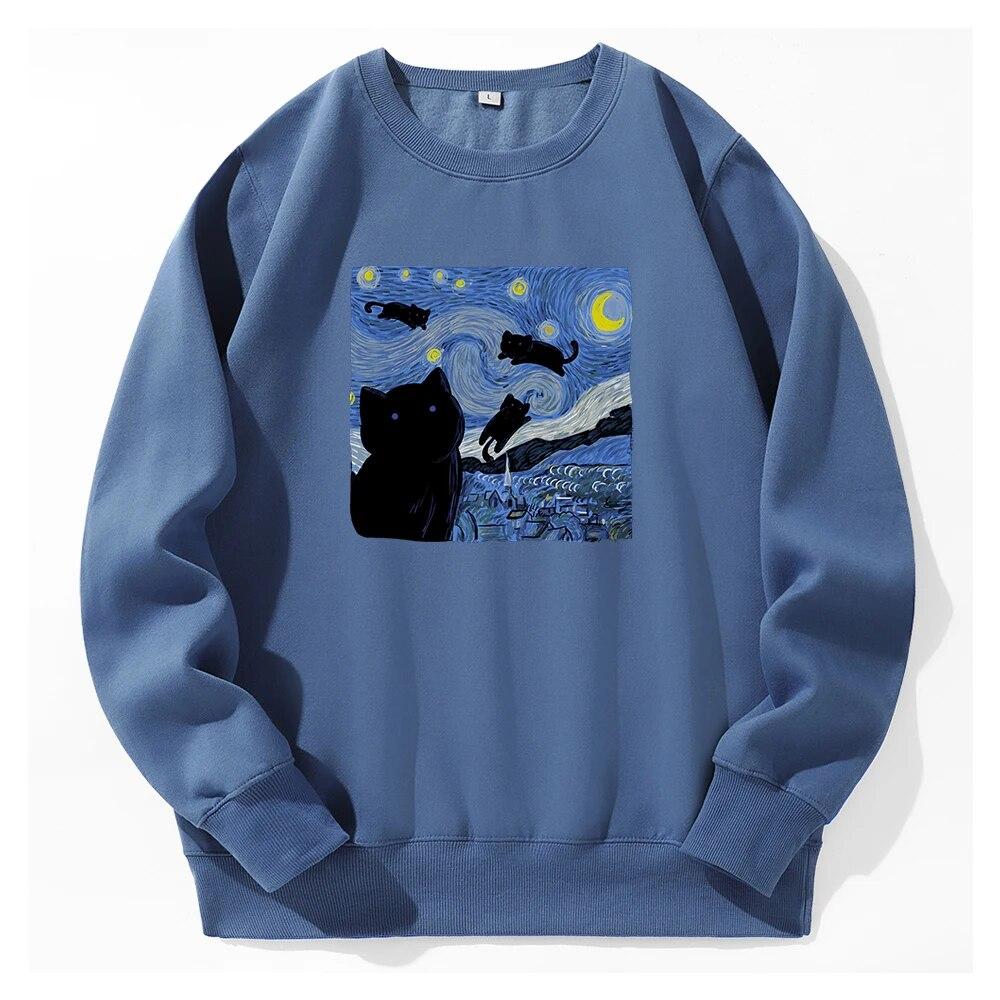 Картина маслом Черная кошка Звездная ночь Печать с капюшоном Унисекс Спортивная мода Новые толстовки с капюшоном из флиса Теплая толстовка Свободная толстовка большого размера