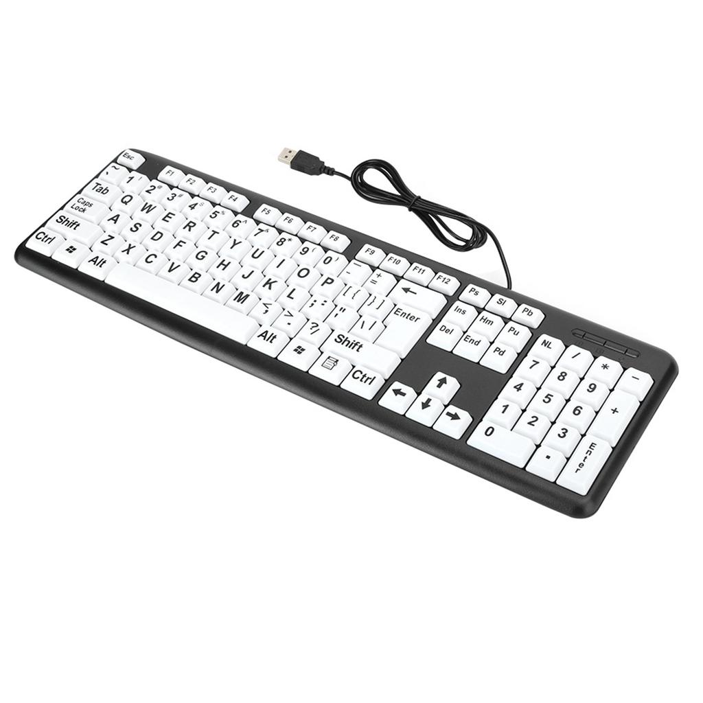 Черная клавиатура для слабовидящих, USB, проводная, клавиатура для пожилых людей с белыми большими клавишами, раскладка США QWERTY