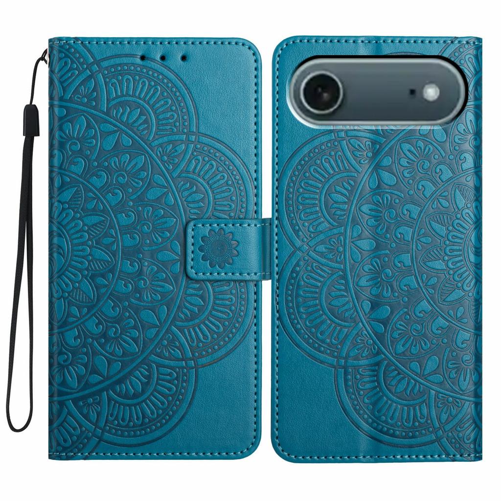 For iPhone 17 Air Leather Case with Strap/Card Slots Mandala Pattern Stand Phone Cover