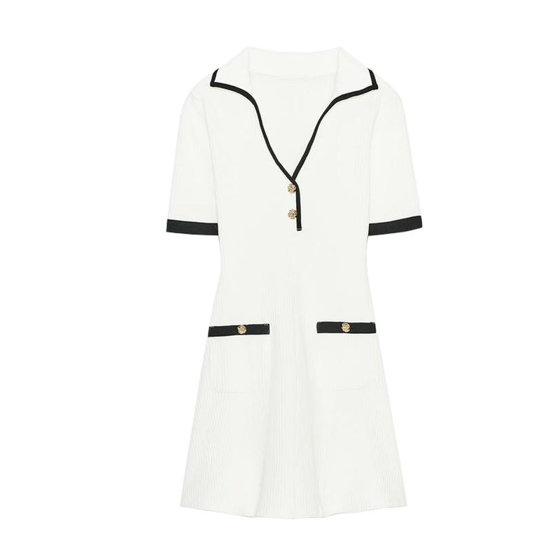 Summer New Product Women's Clothes Contrast Color Trim Short Sleeve V Neck Short Metal Button Rib Dress 4770154