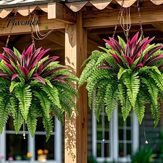 Faux Plant for Living Room Artificial Fern And Red Dracaena Plants, UV Resistant Decorative Plant, Porch Realistic Plants Indoor Outdoor Home