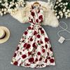 Retro Print Dress 2022 Summer New Goddess Fan Temperament V-Neck Tie Waist Thin Mid-Length Dress