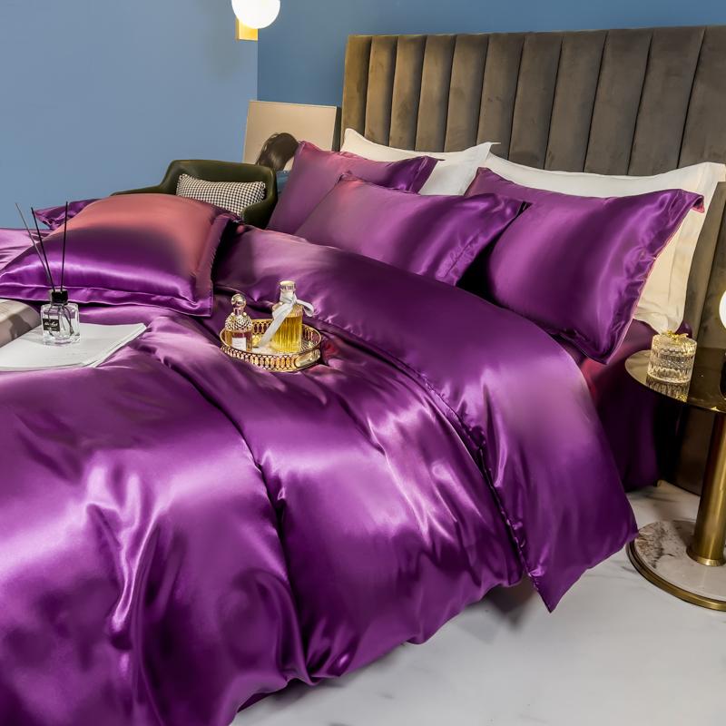 Solid Silk Bedding Set with Duvet Cover Bed Sheet Pillow Case Luxury Single Double Couple Rayon Satin Pillowcases Bedsheet