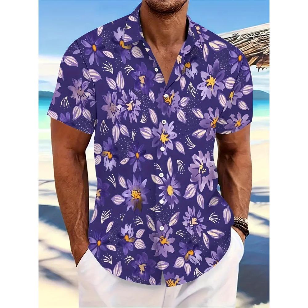 Men's Lapel Shirt Summer Beach Short Sleeve Outdoor Daily Shirt Tops Floral Printed Pattern Loose Men's Clothing