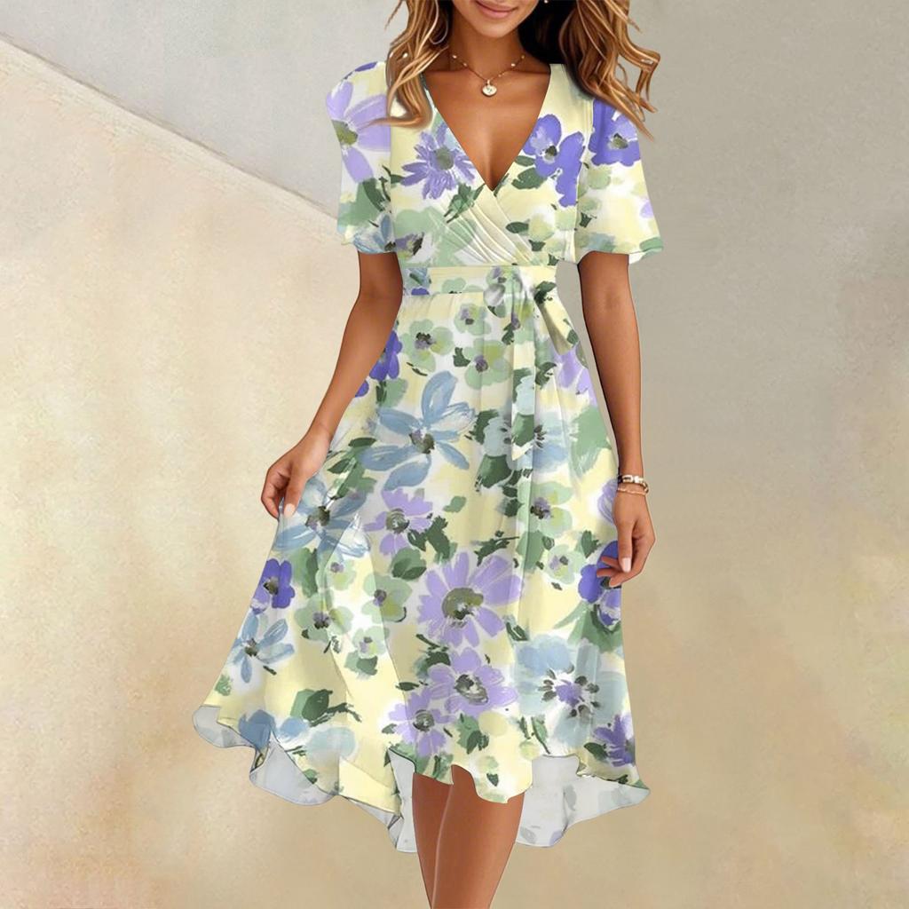 Женское летнее модное расклешенное платье с V-образным вырезом и короткими рукавами с цветочным принтом