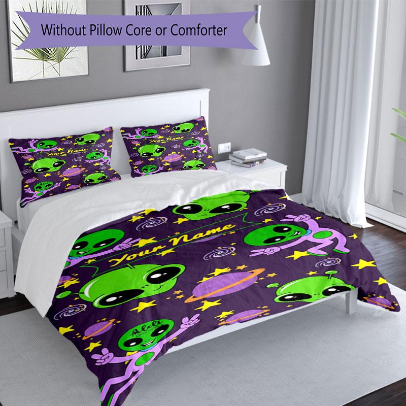 3PC Custom Name Alien Space Adventure Bedding Set Duvet Cover Closure Includes 1 Duvet Cover & 2 Pillowcases for Bedroom