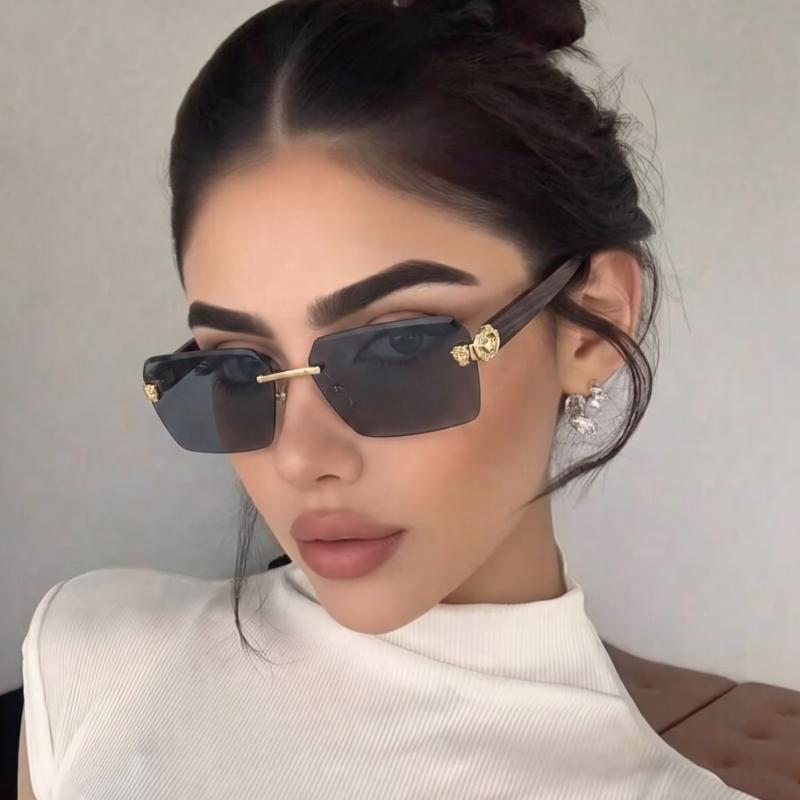 Photochromic Sunglasses Men Women Rimless Square Sun Glasses Leopard Head Metal Frame UV Protection Outdoor Sunscreen Eyewear