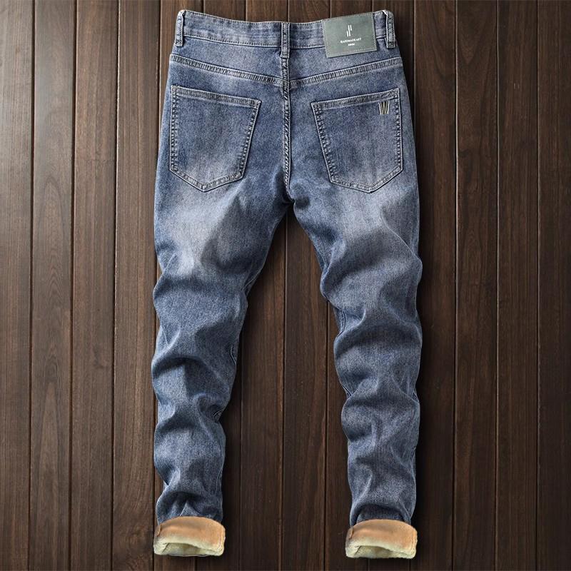 Высококачественные мужские джинсы осень и зима новые облегающие узкие брюки с вышивкой утолщенные повседневные шаровары на флисовой подкладке