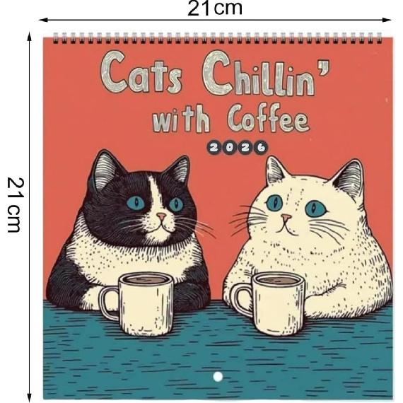 Cats Chillin' with Coffee 2026, 12 Monthly Cat Themed Calendar with Full-Color Illustrations, 2026 Cat Art Hanging Calendar, Spiral-Bound Hanging