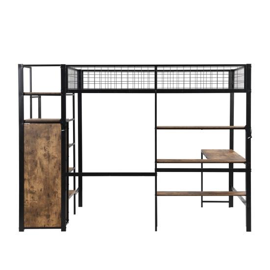 Iron Bed Several Shelves Bunk Built-in Wardrobe Desk Strong Load Adult Bearing Rustic Look Metal Frame Loft Home Furniture