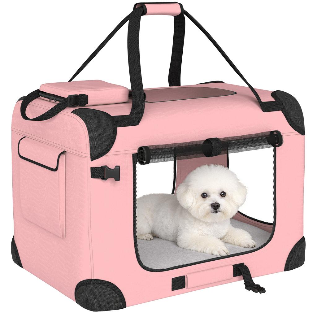 Dog Carrier, Foldable, 60 x 41.5 x 41 cm, Mesh Windows, Soft Cushion, 2 Handles, Pink