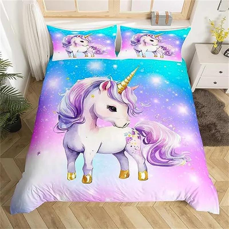 Children Cute Unicorn Duvet Cover Cartoon Bedding Set Rainbow Stripes Animals Children Kids Girls Gifts for Bedroom Decorations