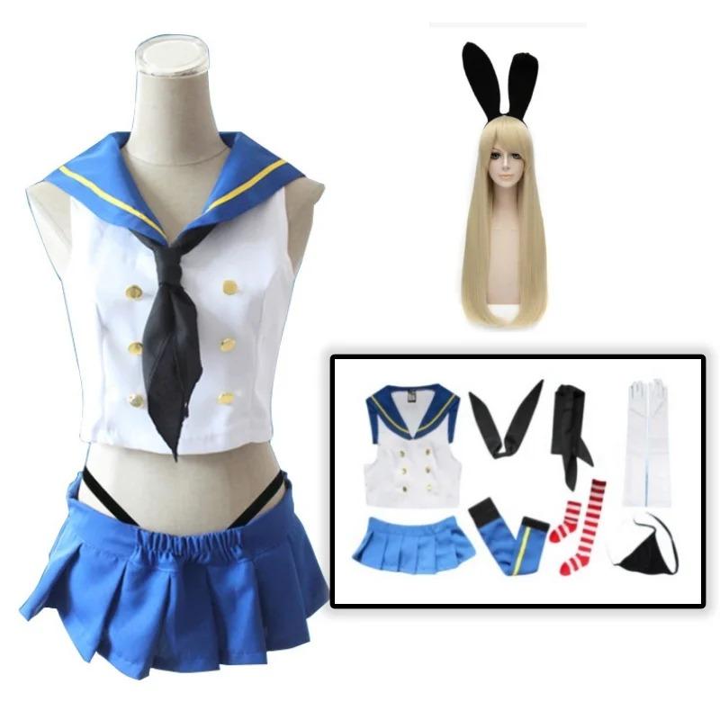 Shimakaze Косплей Аниме Kantai Коллекция Shimakaze Косплей Костюм Униформа для Девочек Парик Платье Матроски Костюм Хэллоуин Вечеринка