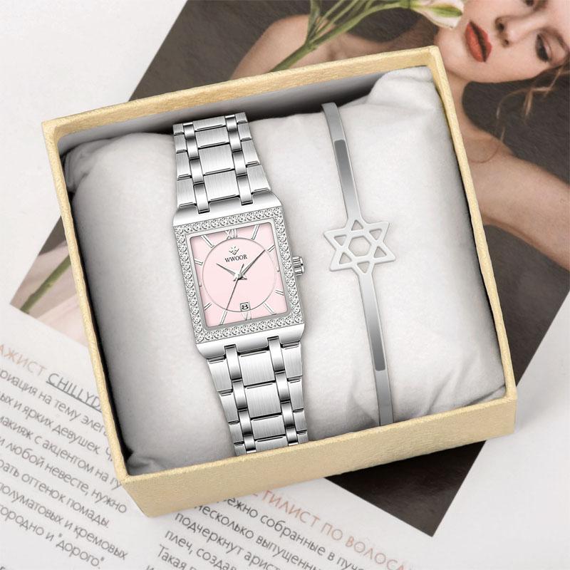WWOOR Reloj New Fashion Ladies Diamond Watch Top Brand Luxury Square Wrist Watch Simple Women Dress Small Watch Relogio Feminino