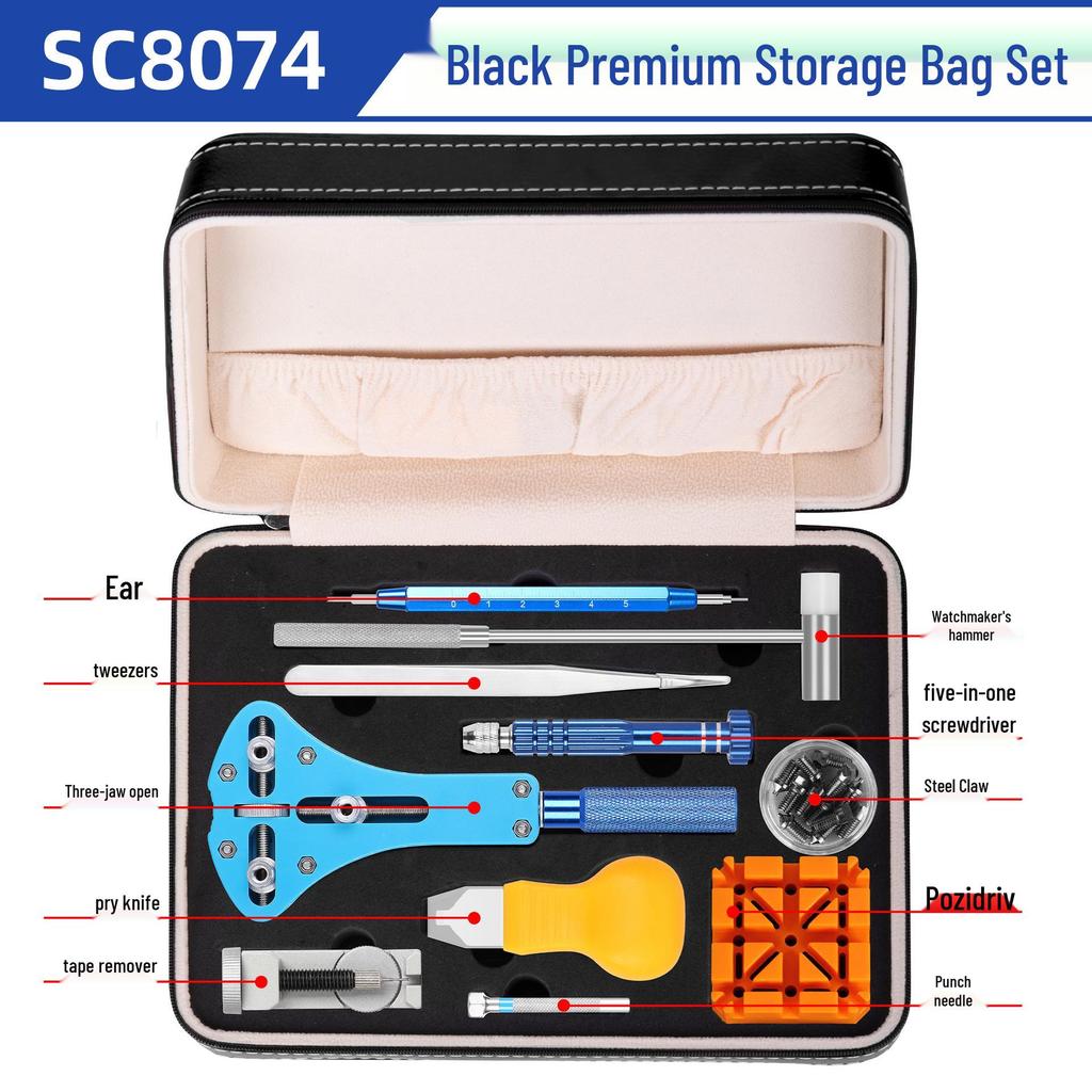 Набор инструментов для ремонта механических часов: снятие корпуса, ремешка, регулировка звеньев и замена батарейки.