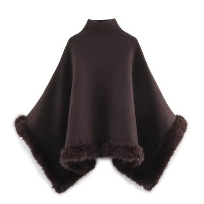 Женский oversized вязаный кейп-пальто с отделкой из искусственного меха Теплая зимняя верхняя одежда Свободный крой Стойка