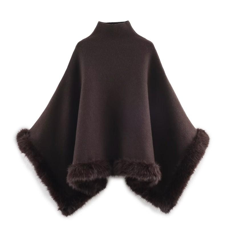 Женский oversized вязаный кейп-пальто с отделкой из искусственного меха Теплая зимняя верхняя одежда Свободный крой Стойка