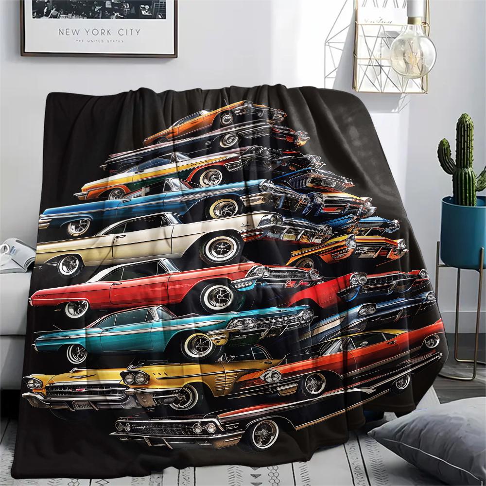1Pc Vintage Car Print Flannel Blanket, High quality Comfortable for All Seasons, Home Decor, Warmth and Comfort, Perfect for Christmas Gifts