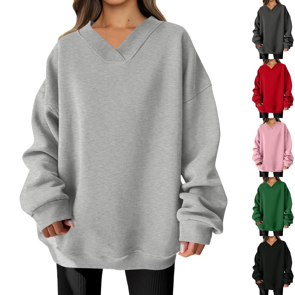 Women Winter Tops Women's Long Sleeve Sweatshirt Casual V-neck Loose Fit Pollover Fleece Tops