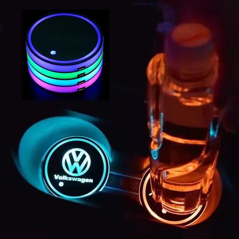 2026 Hot For VW VOLKSWAGEN New 7 Color LED Car Cup Holder Light Luminous Coaster Water Cup Pad For VW Volkswagen Polo Jetta Golf