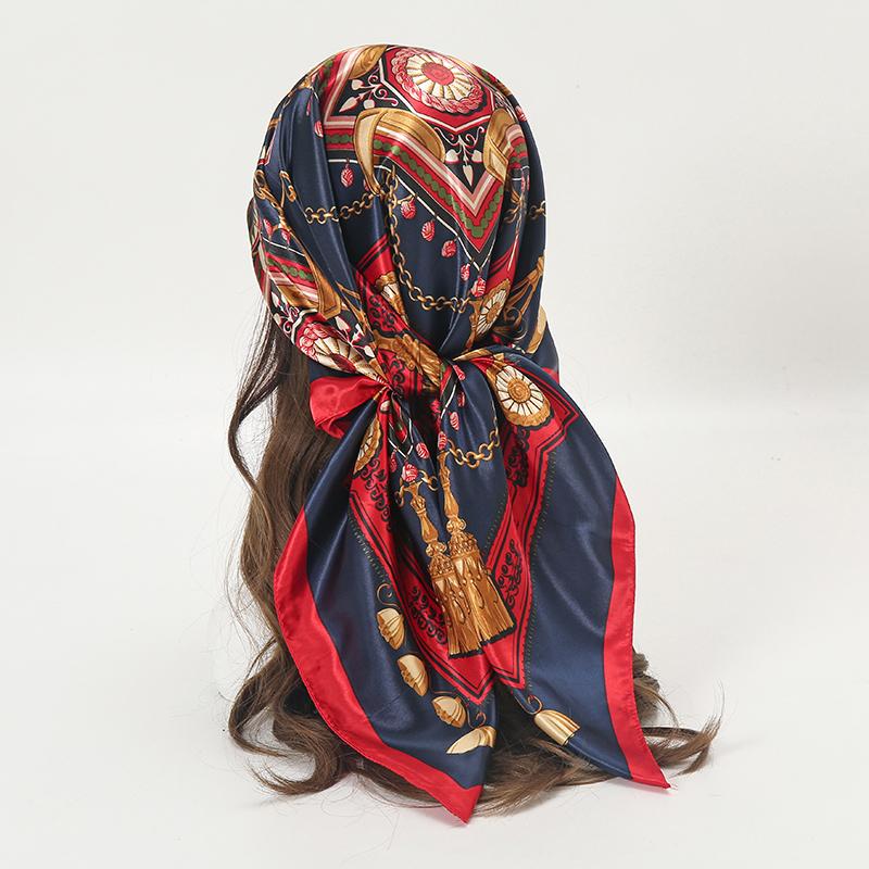 Satin Square Scarf Women Muslim Hijab Elegant 2026 Chains Print Neckerchief Shawl Wraps Headband Handle Hair Accessories Bandana