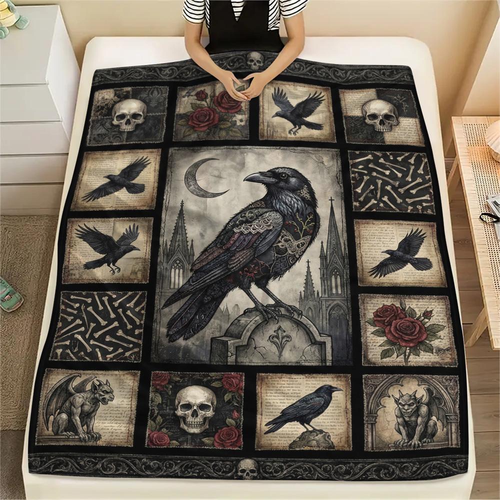 Crow Print Flannel Blanket, High quality Comfortable for All Seasons, Home Decor, Warmth and Comfort, Perfect for Christmas Gifts49