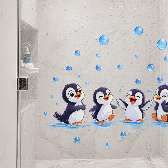 Penguin Wall Decals, Cute 4 Happy Penguins Bathing Decor, Self Adhesive Removable Wall Stickers for Bathroom, Kids Room & Shower Wall Art