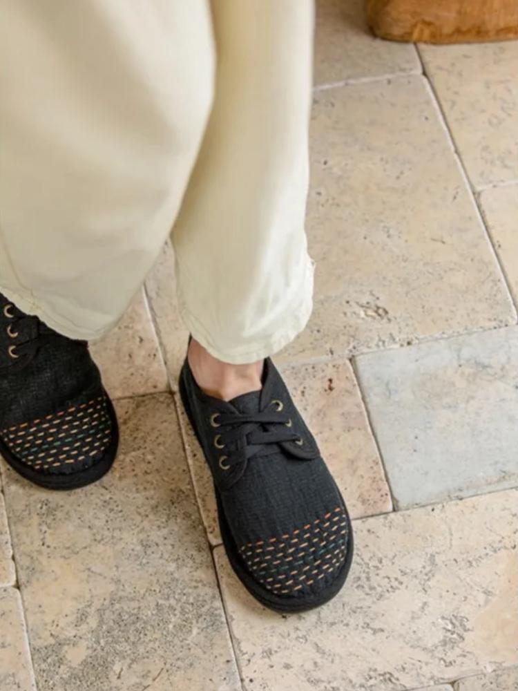 Johnature Туфли из хлопка ручной работы в стиле ретро с круглым носком, на шнуровке, на мягкой подошве, удобные женские туфли на плоской подошве