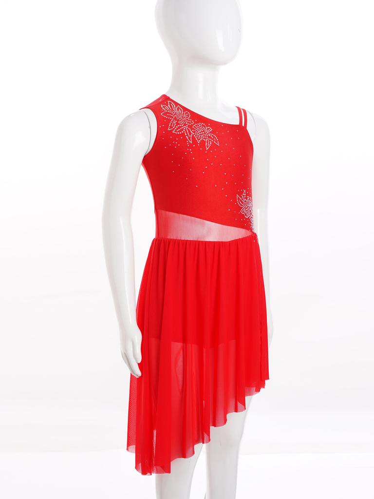 Лирическое танцевальное платье для девочек без рукавов с цветочным узором из страз и асимметричным разрезом для выступлений на сцене