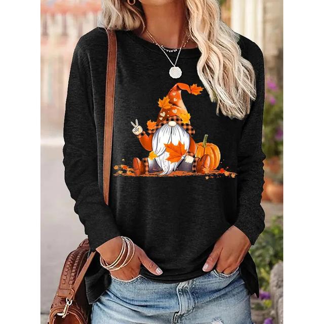 Футболки с длинными рукавами и забавным принтом для женщин, модный повседневный пуловер, осенние гномы, осенние повседневные топы в стиле Харадзюку с тыквой и принтом на День благодарения