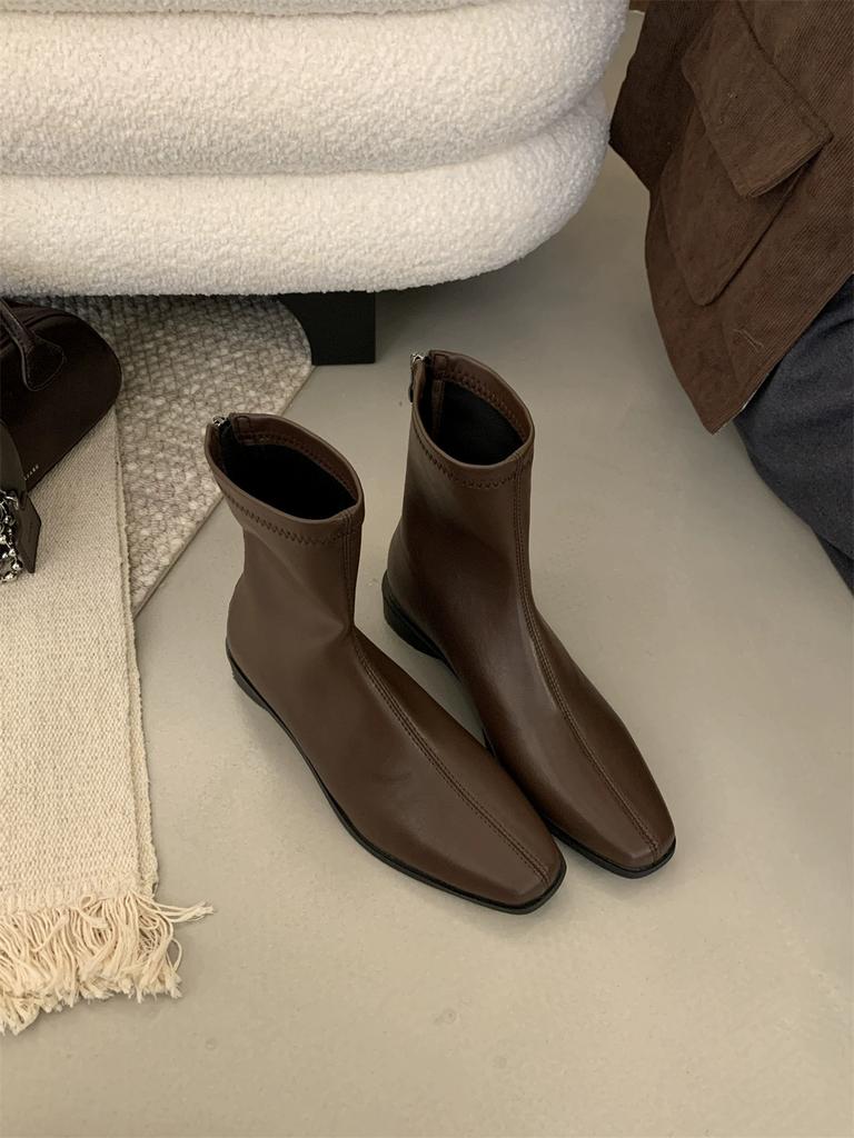 Korean Version of Square Head Thick Heel Rear Zipper Fashion Boots Women's New Products In Autumn and Winter 2025 Fashion Texture Comfortable Short