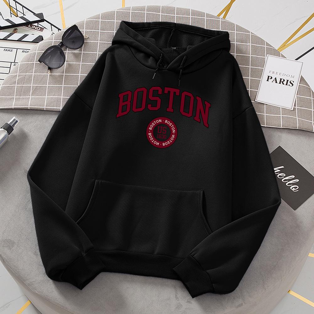 Толстовки с капюшоном Boston City Us, основанные в 1630 году, женские теплые удобные пуловеры, модные повседневные женские базовые толстовки с капюшоном