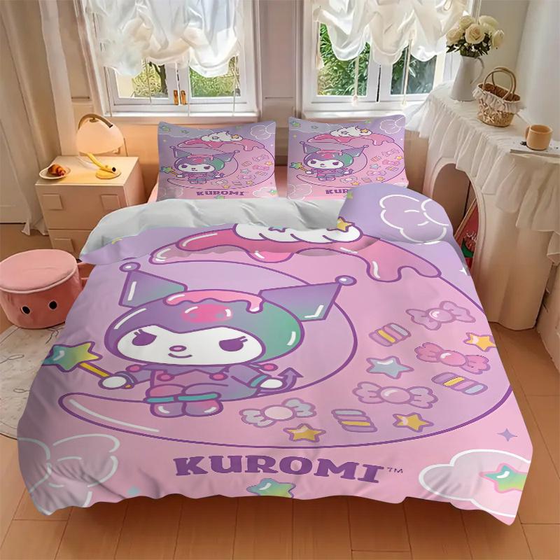 3pcs Sanrio Kuromi's Magical Journey Print Bedding Set (1 Cover + 2 Pillowcases, Without Inserts), This Printed Bedding Set is Soft and Comf