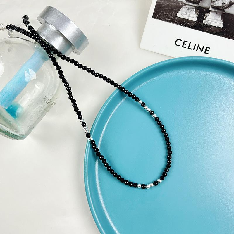 Ожерелье из стерлингового серебра 925 пробы с бусинами из черного агата, корейский стиль, чокер для женщин