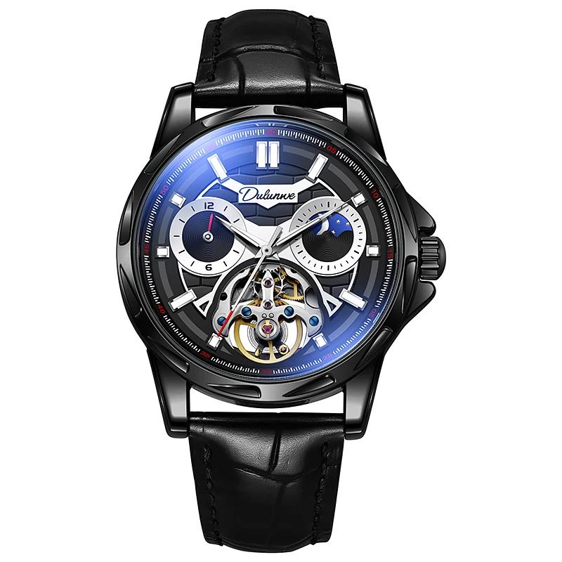 Dulunwe Роскошные автоматические механические часы-скелетоны для мужчин с полым турбийоном, фазой Луны, 12-часовым диском, светящимися часами из нержавеющей стали