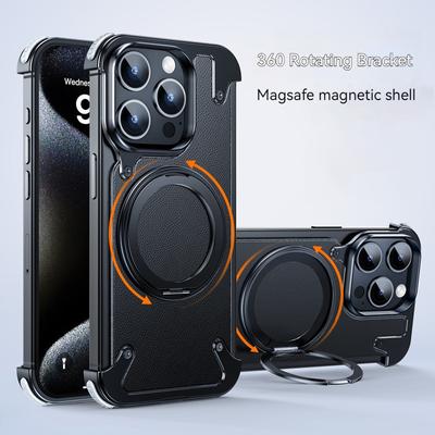 Чехол-подставка с магнитным вращением на 360° для iPhone 15 16 ProMax, металлический безрамный 16Pro, кожаный ультратонкий защитный задний чехол
