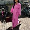 LYRIA Casual Loose Pink Cotton Dress Ladies Fashion Lapel Long Sleeve Ankle Length Dress Elegant Lace-Up Dresses For Women