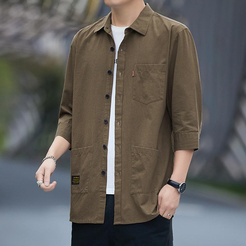 Летняя хлопковая мужская рубашка со средним рукавом, повседневная трендовая рубашка с рукавом семь четвертей, тонкая универсальная однотонная рубашка с верхом для мужчин