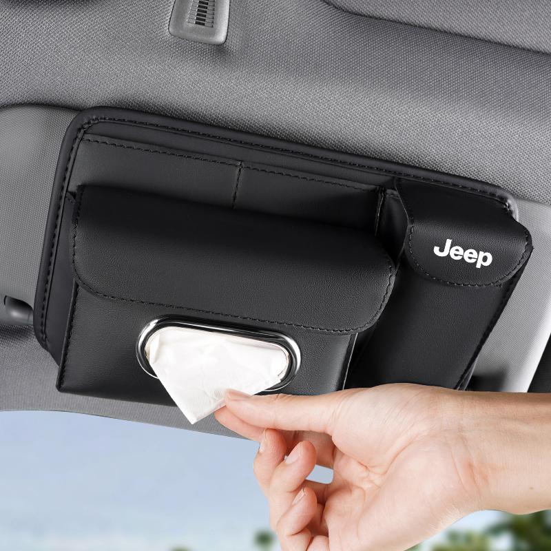 PU Leather Car Sun Visor Organizer Glasses Card Holder & Tissue Box For Jeep Renegade Wagoneer Avenger Recon Wrangler JK Patriot
