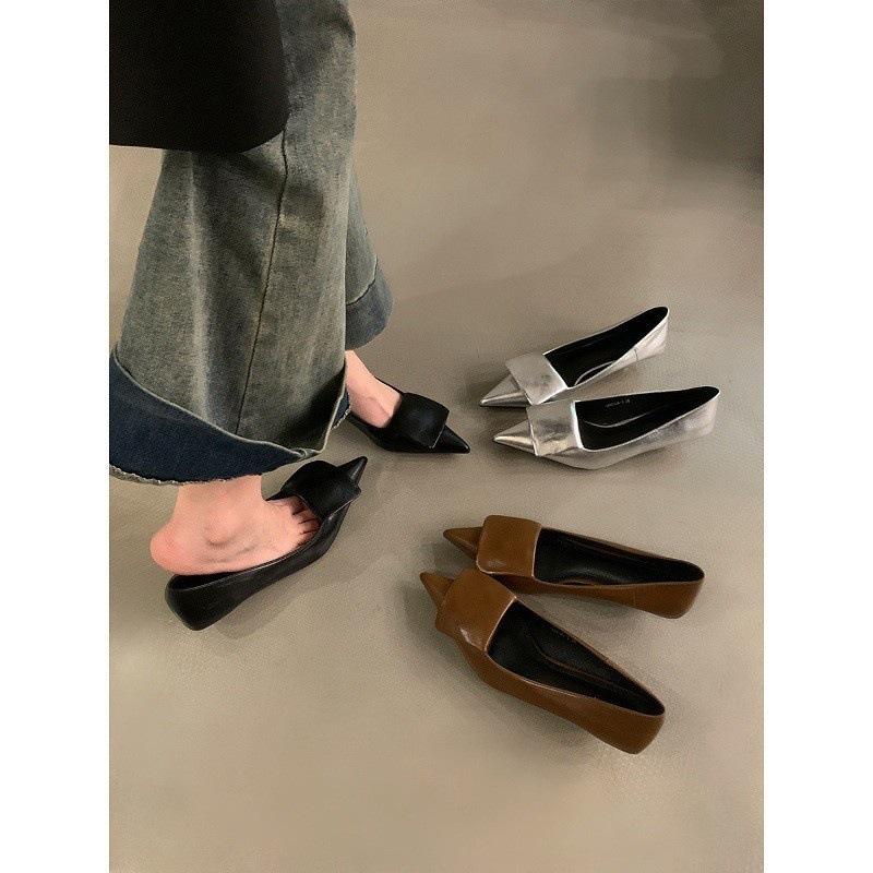 Французские туфли-лодочки на kitten heel, легкая открытая модель, 2025 весна-лето, новые, с острым носом, элегантные, серебристые, вечерние, рабочие туфли