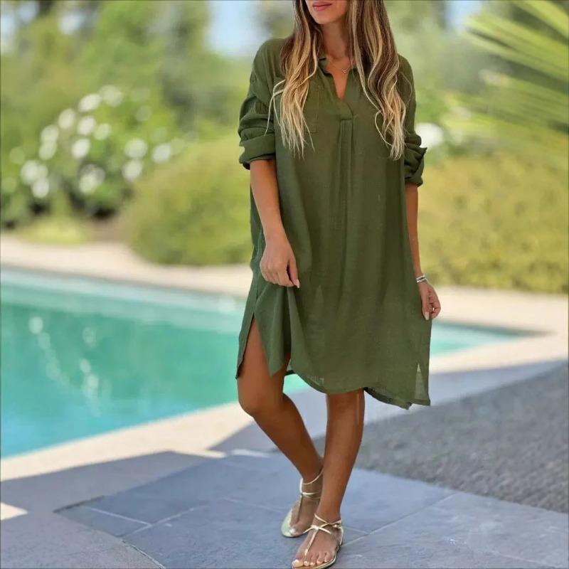 Casual Spring Summer Loose Beach Short Sleeved Solid Color Cotton Linen Shirt Dress
