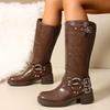 Fashion Fashion Women's Motorcycle Boots Autumn Winter Brown Pu Leather Knee High Boots Women Buckle Strap Chunky Heel Riding Boots 2025